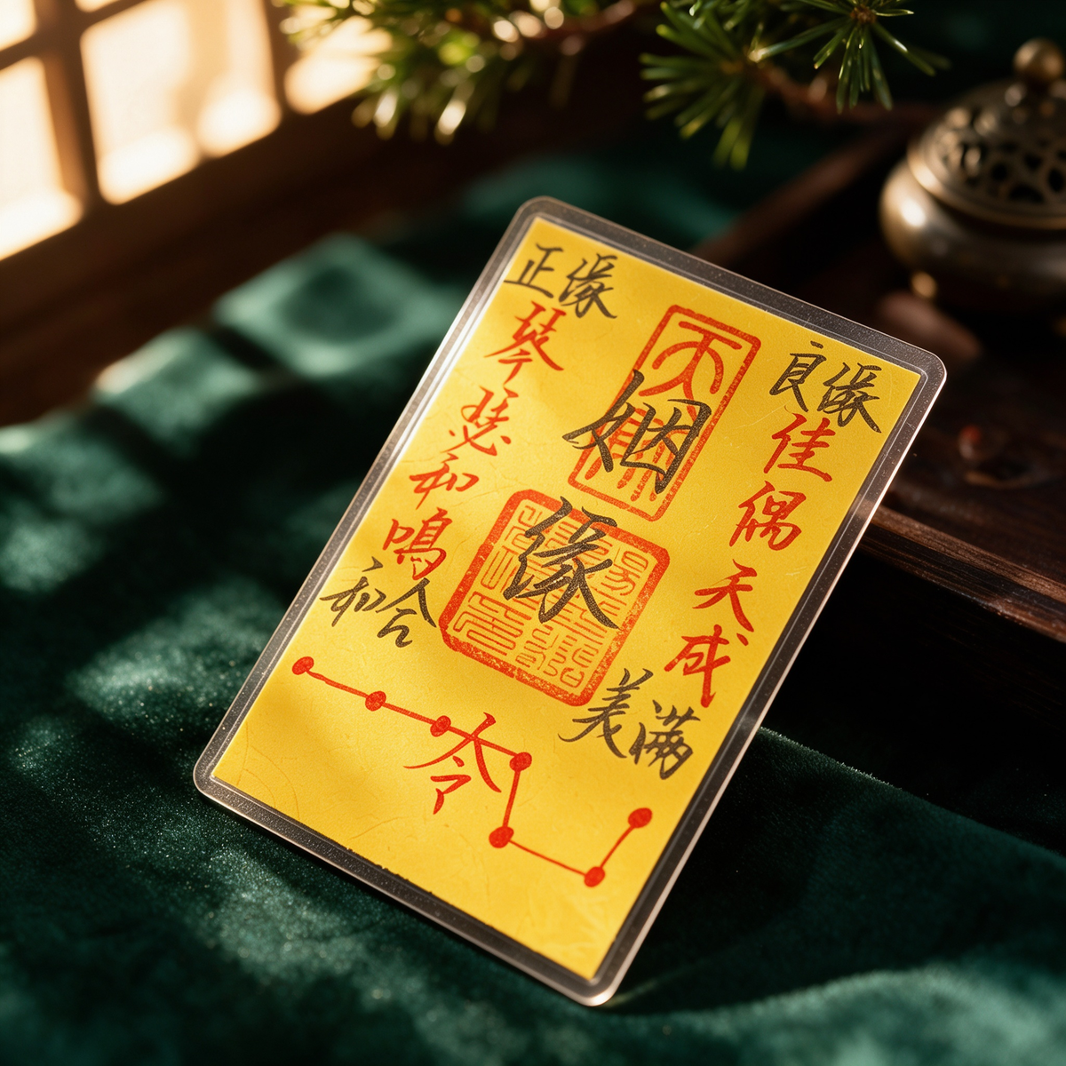 Hand-drawn Daoist marriage talisman card with vermilion seals and red-and-black calligraphy on yellow talisman paper, lying flat on dark green velvet in warm sunlight