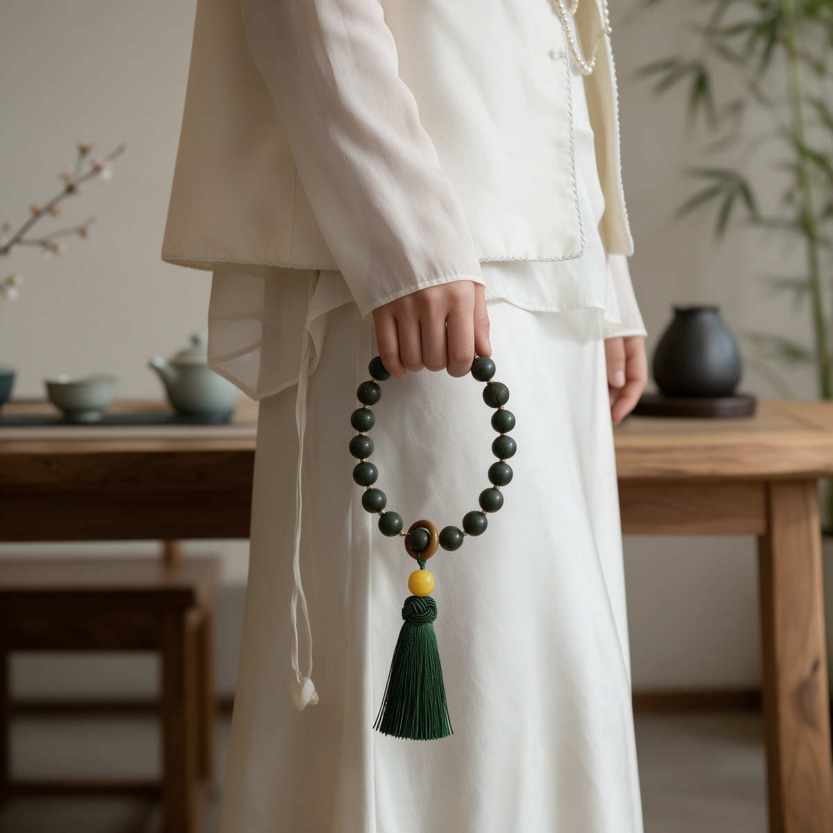 Deep green scented bead handheld strand with green tassel, close-up detail