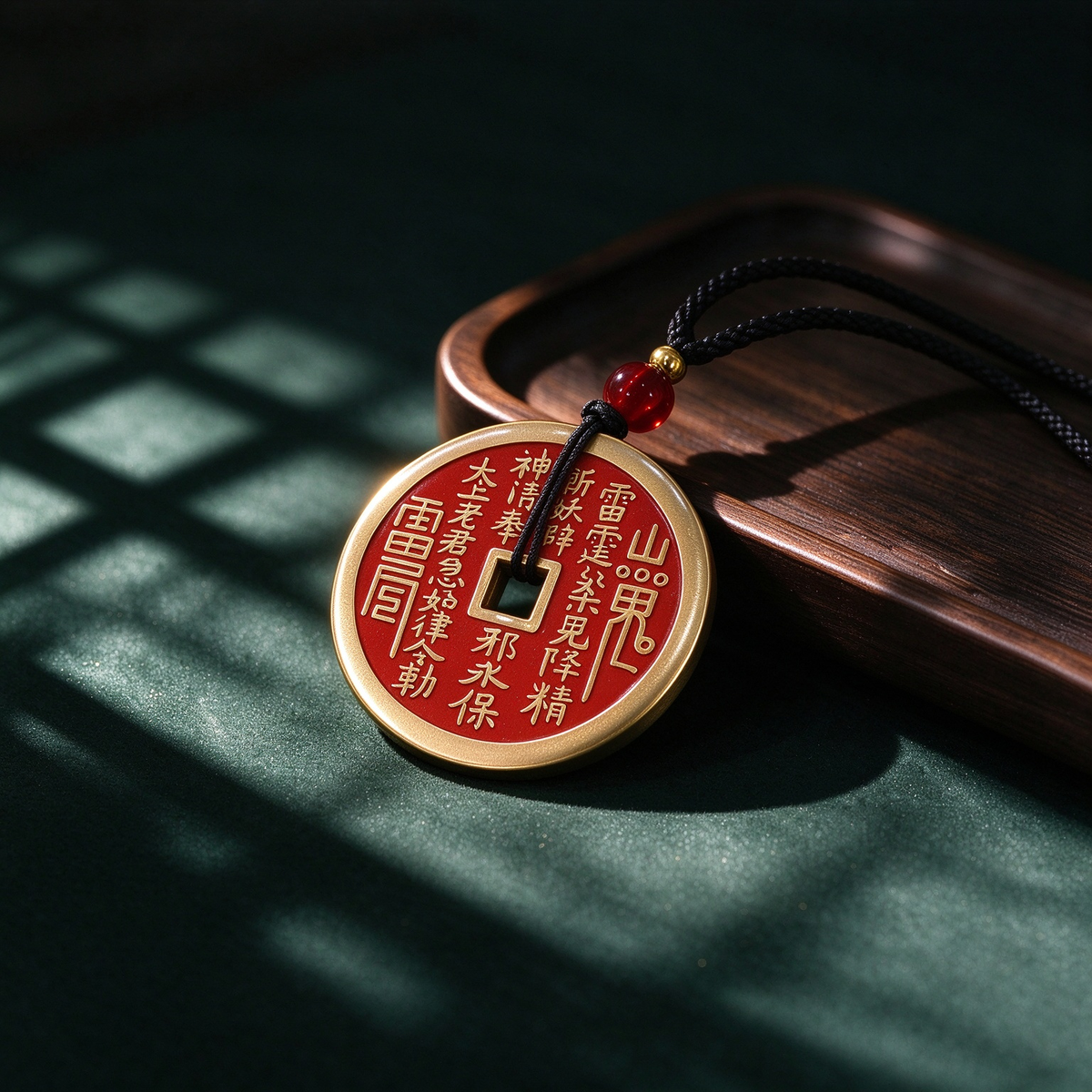 Shan Gui Yasheng coin pendant in brass with red enamel